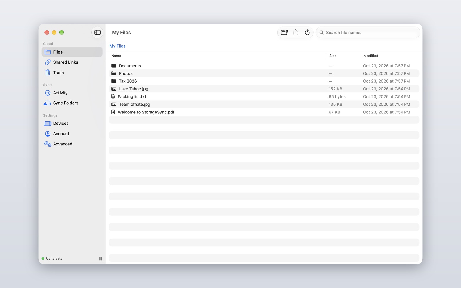 StorageSync for Mac with folders, sync status and transfers